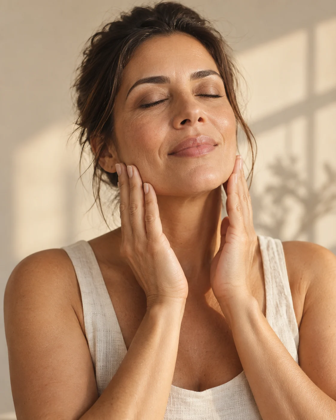 Mulher praticando um momento de massagem facial e autocuidado